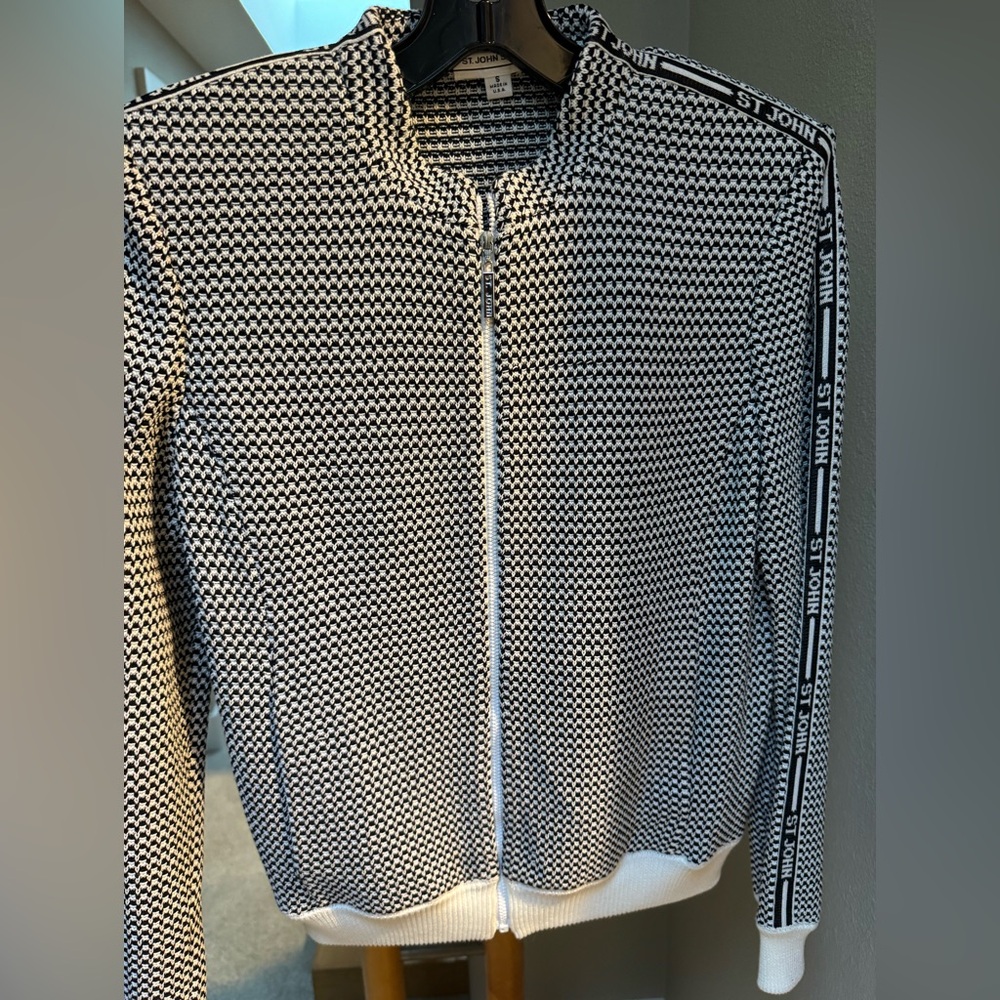St. John Sport Black & White Knit Zip-Up Track Jacket